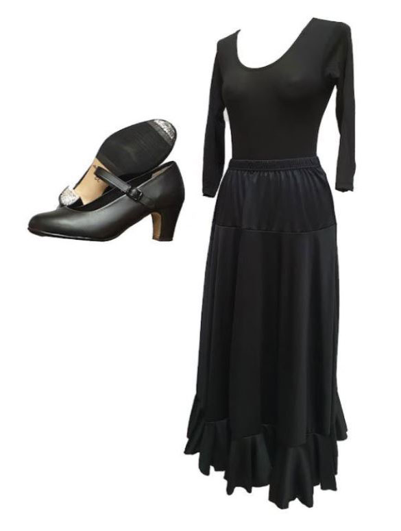 Flamenco Dance Beginner Pack for Adults. Skirt with Godets or Flounce, Leather Shoes with Nails and Black Leotard